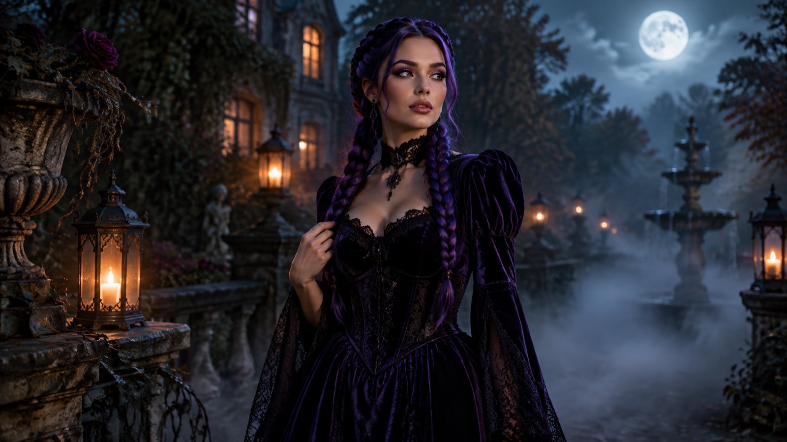Editorial Halloween portrait generated with an AI costume preset, showing a velvet gothic outfit in a moonlit garden