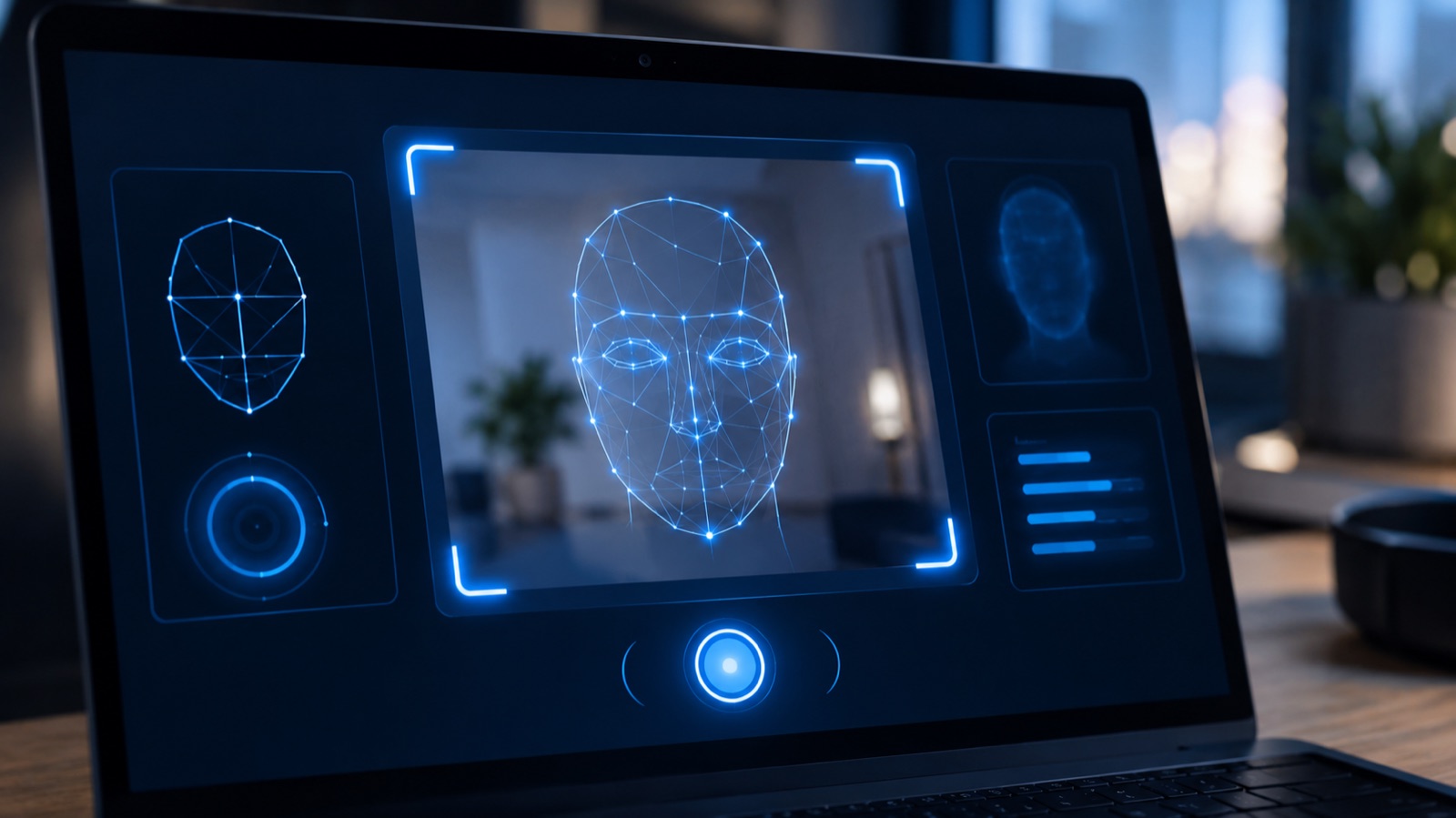 Browser camera interface with a local face scan overlay and a dark studio background