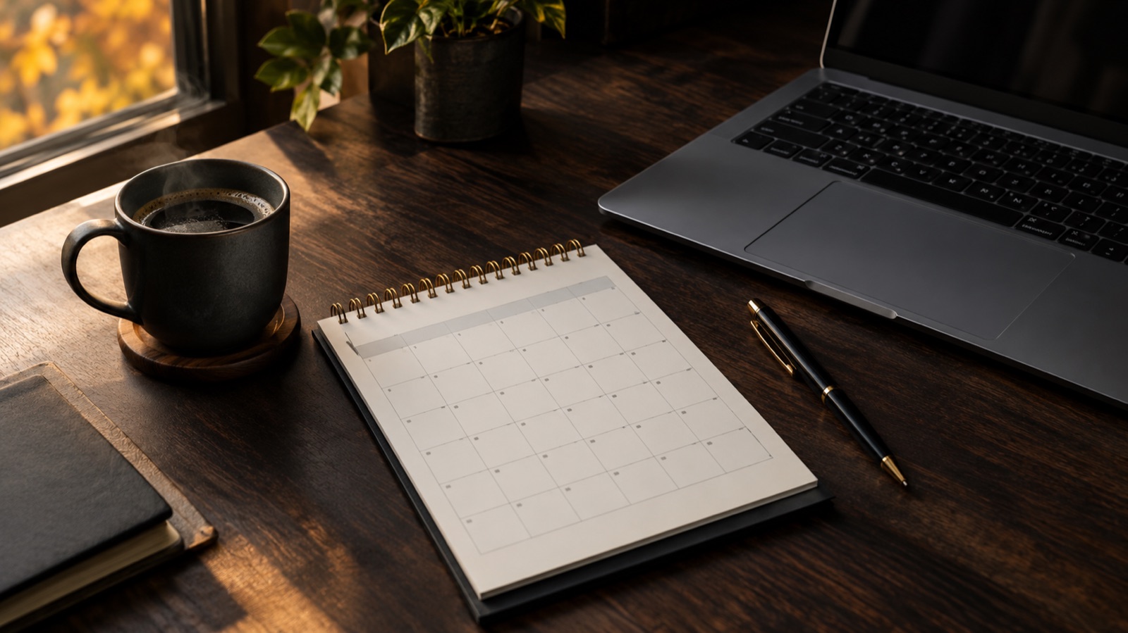 Dark editorial still life with a calendar, a laptop, and warm November light for a Black Friday planning page