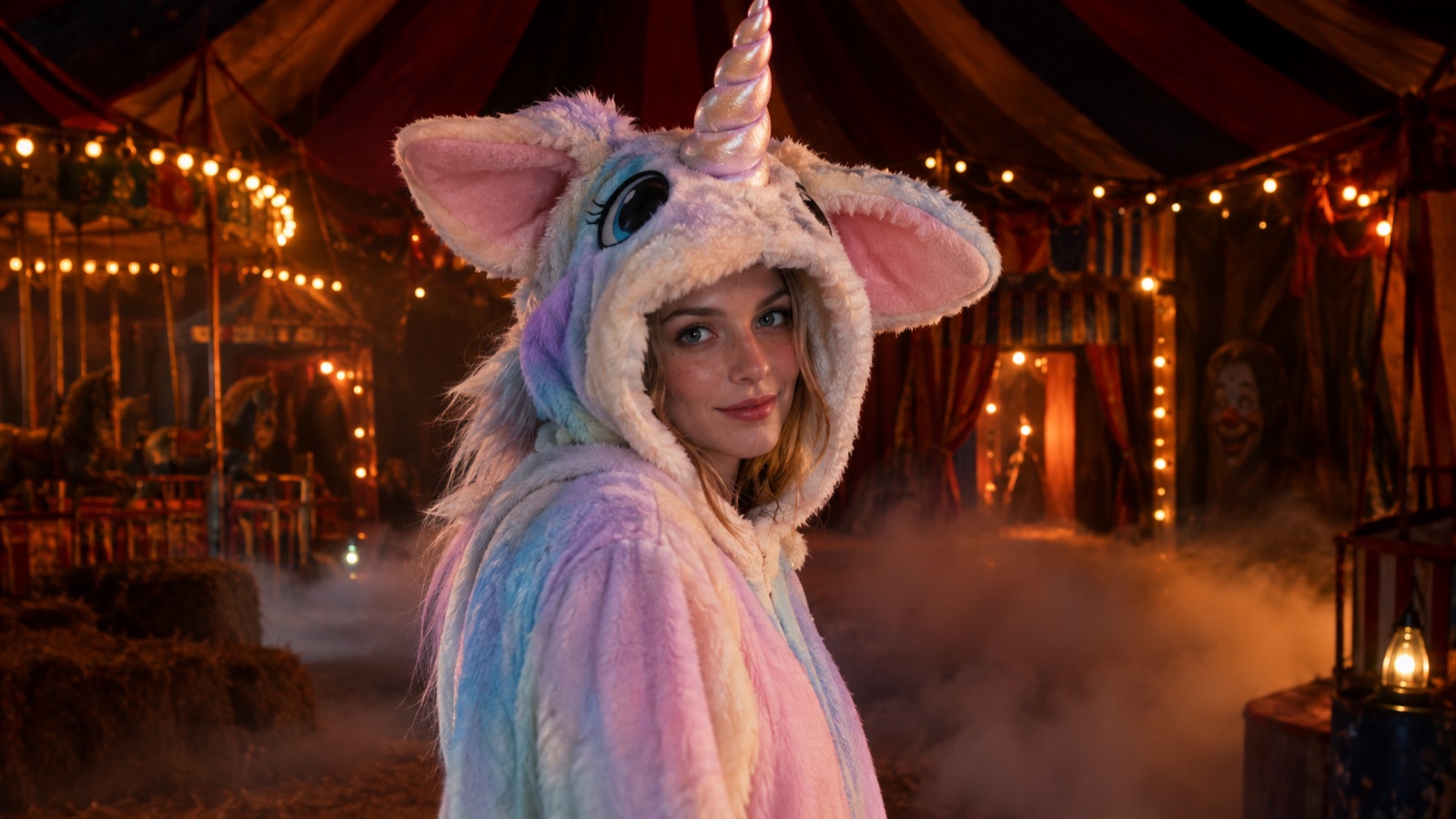 Original haunted unicorn mascot costume concept with a pastel horn and dark carnival lighting