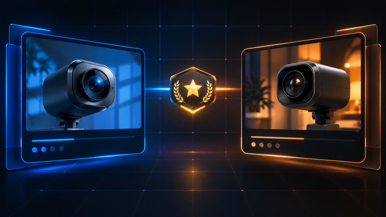 Two browser camera panels facing each other in a dark interface with a rating badge