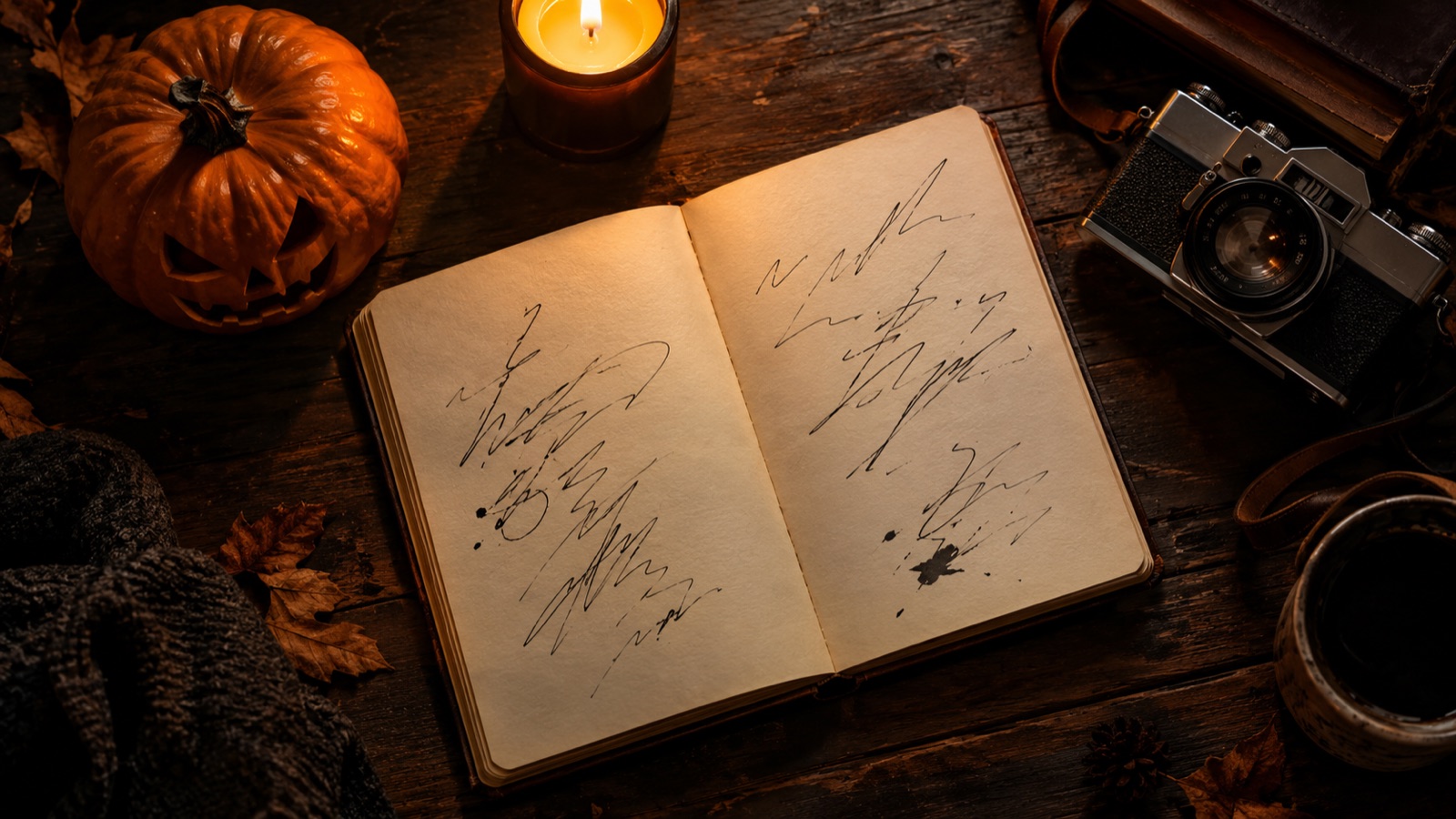 Notebook of Halloween AI prompts beside a carved pumpkin and a camera in warm candlelight