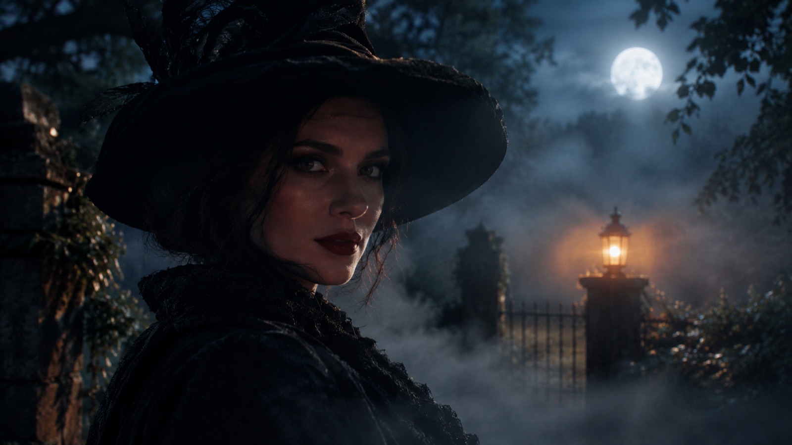 Cinematic Halloween portrait frame prepared for image-to-video animation, with fog and lantern light