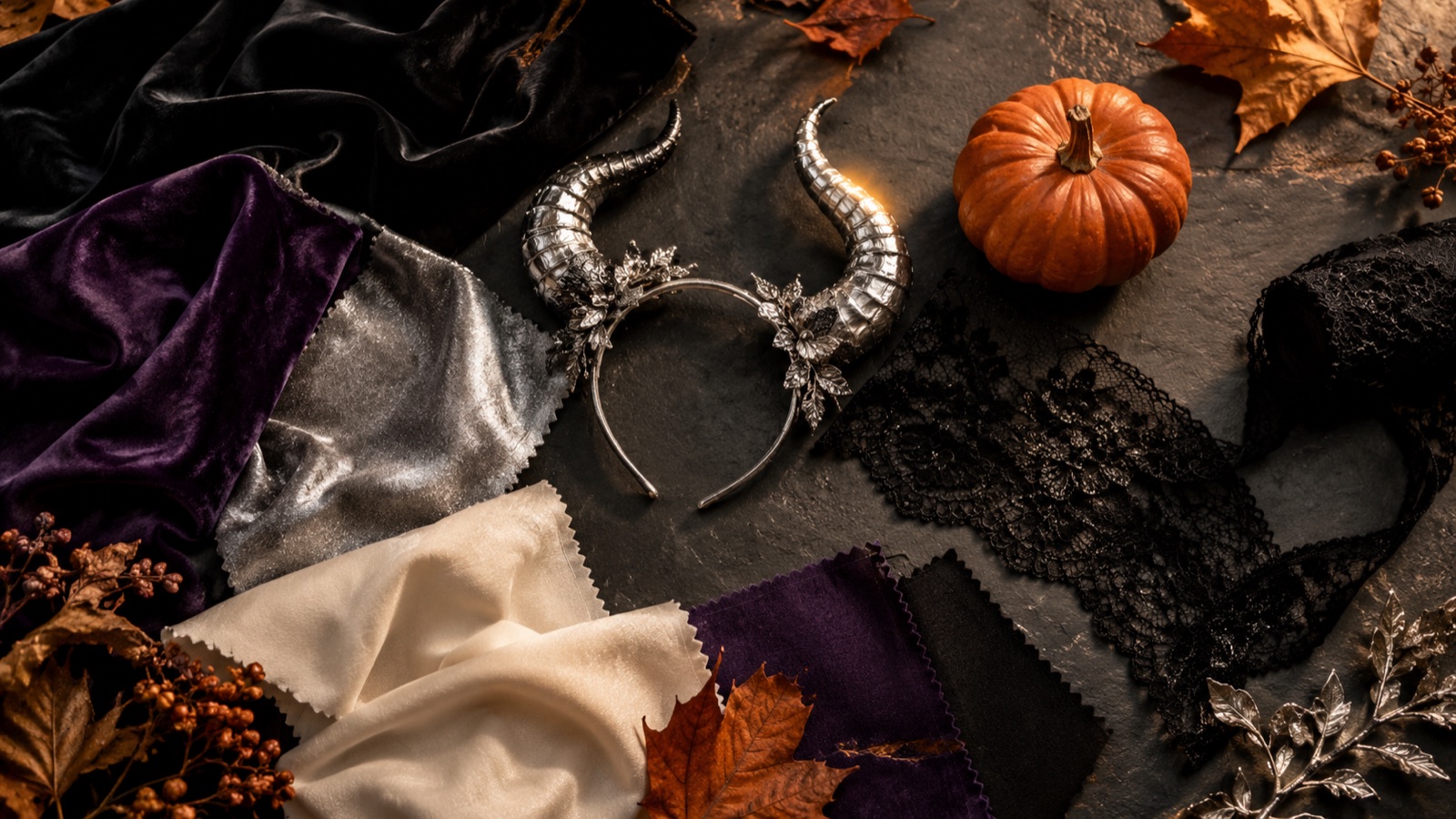 Flat lay of 2026 Halloween costume inspiration: fabric swatches, a small pumpkin, and moody editorial lighting