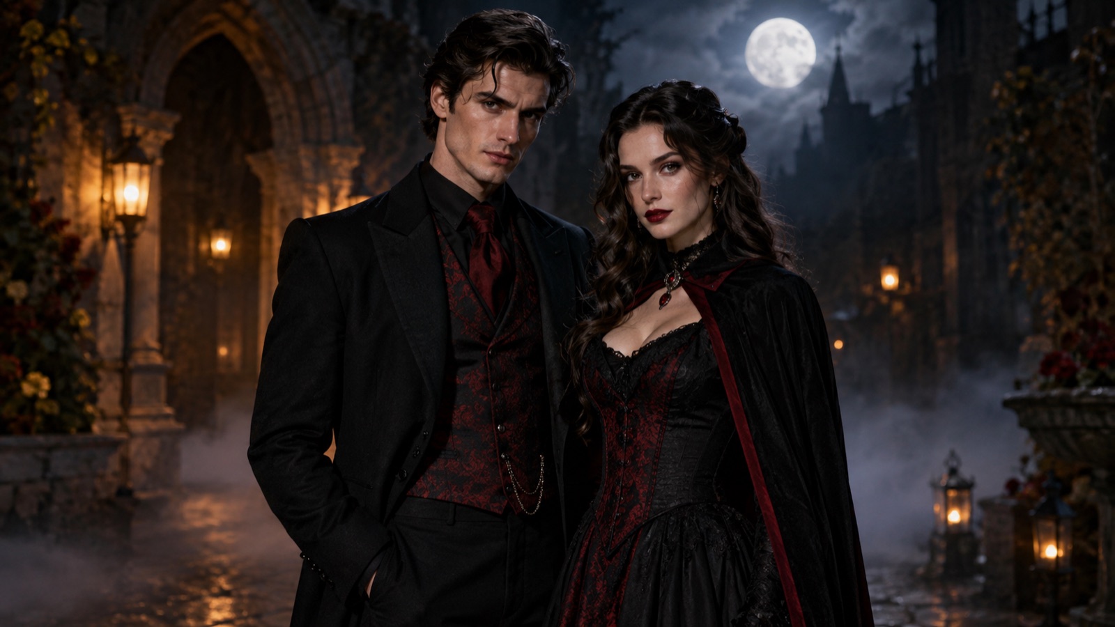 Coordinated couple Halloween portrait concept with warm lantern light and matching dark outfits