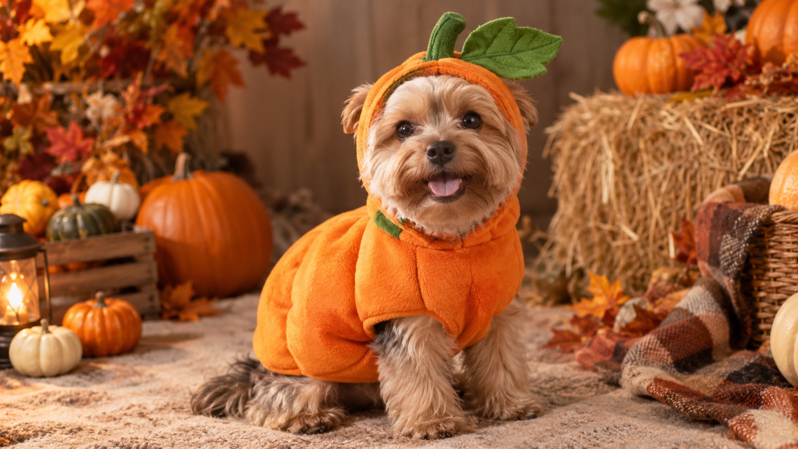 Pet Halloween portrait concept with a small pumpkin costume and warm autumn studio lighting