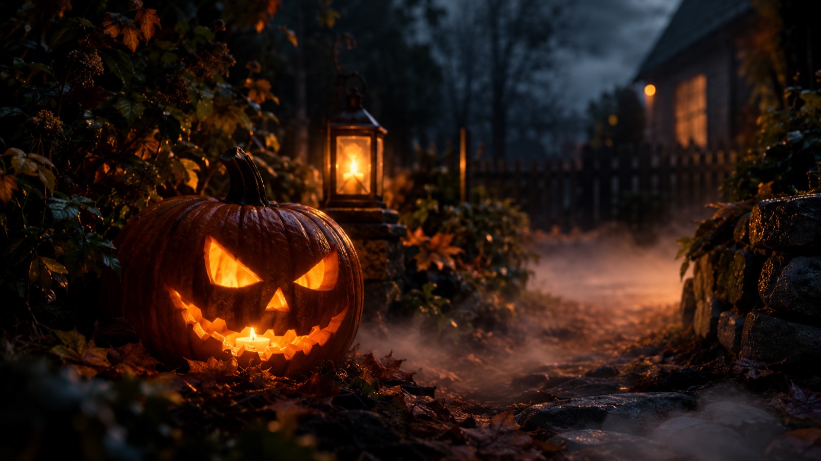 Moody Halloween photo edit with a carved pumpkin, fog, and warm lantern light in a dark garden